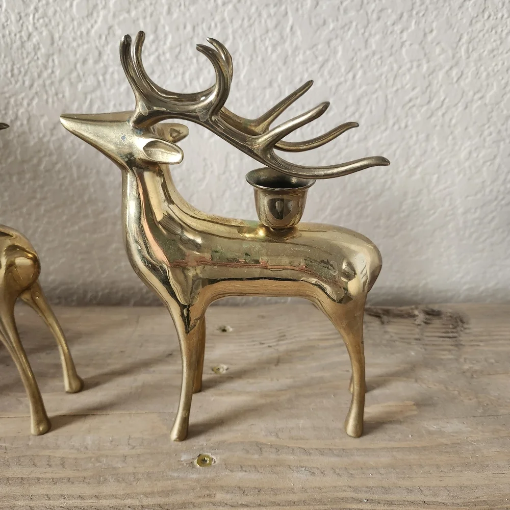Lot of 2 Pottery Barn Brass Reindeer Candle Holders - Heavy Brass